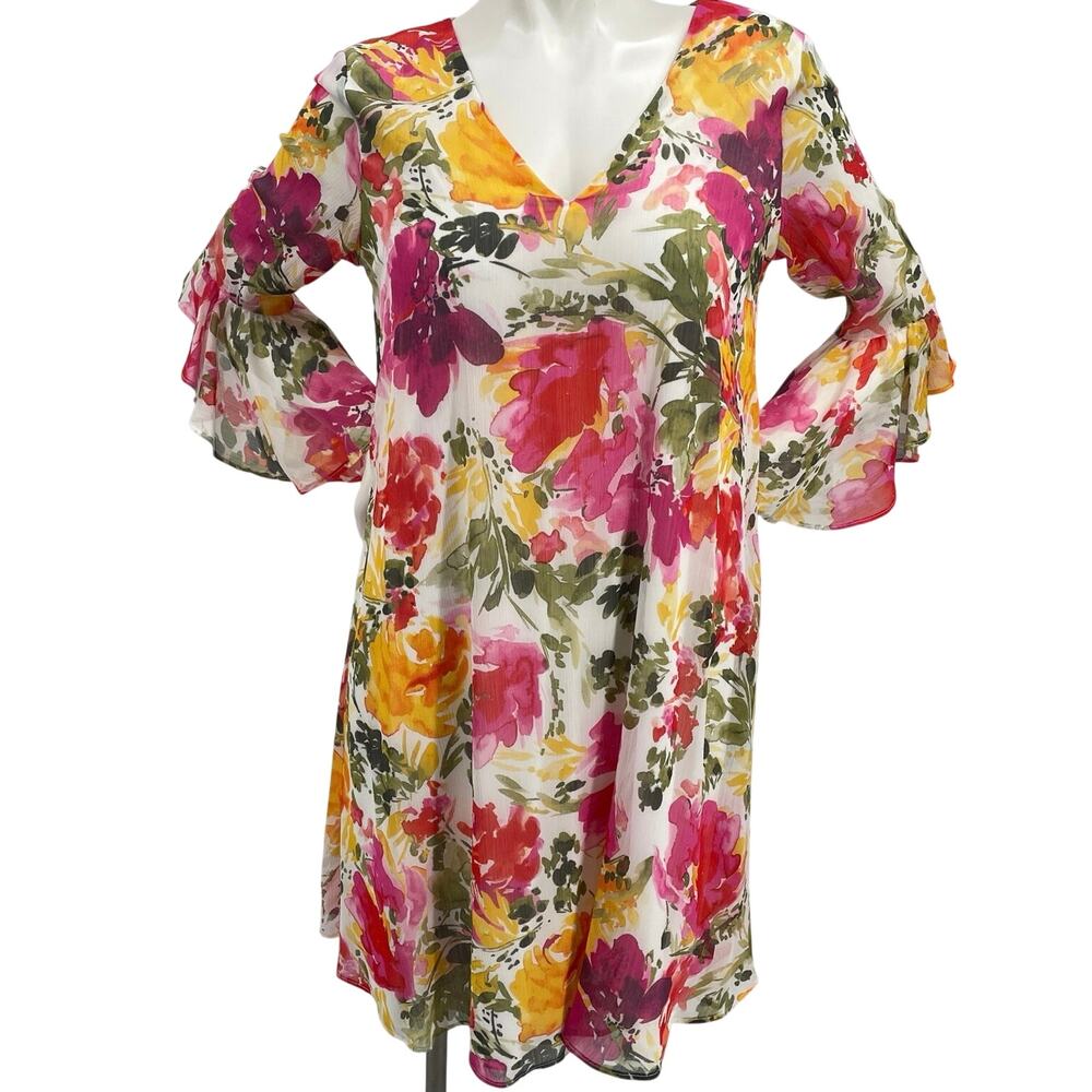 Calvin Klein Women Floral Chiffon Dress Multicolor VNeck 3/4 Bell Slv A-line 10